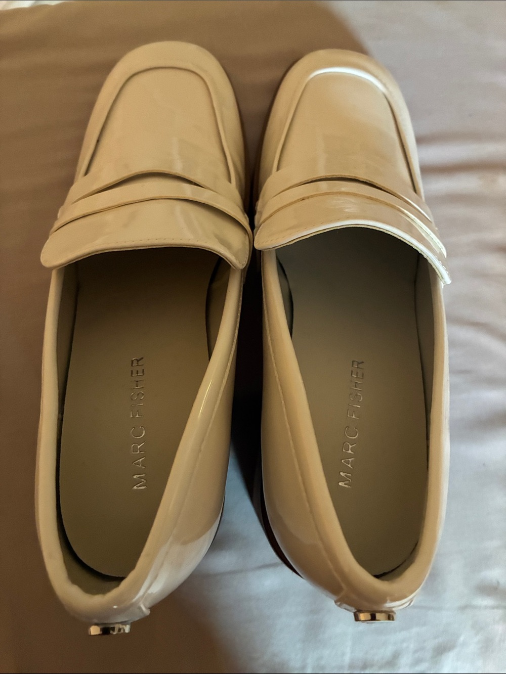 Marc Fisher Cream Patent Penny Loafers